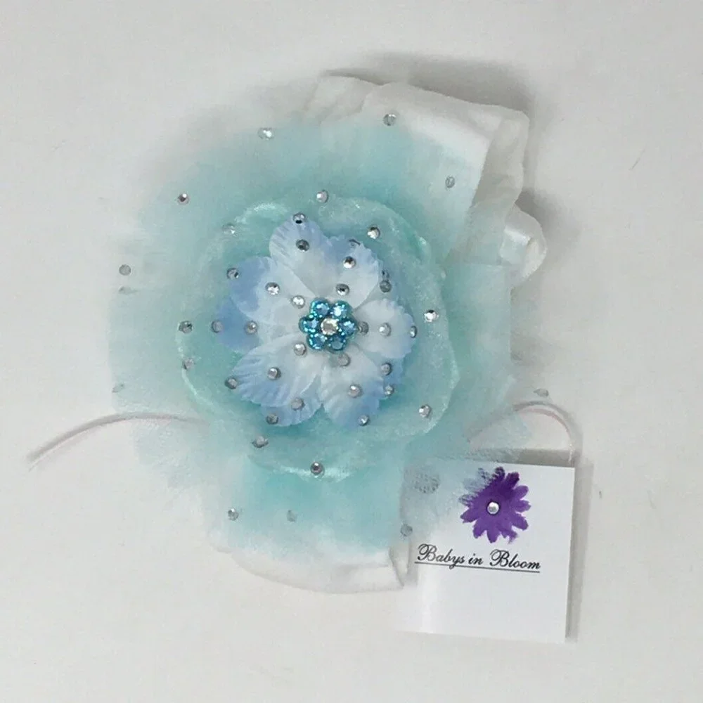 Handmade Baby Girls Headband Blue Flower 0-12m
